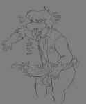  anthro balls black_and_grey bodily_fluids bottomless clothed clothing crossgender deltarune dialogue english_text ftm_crossgender genital_fluids genitals jacket leaking_precum looking_at_genitalia looking_at_own_penis looking_at_penis looking_at_self male monochrome open_clothing open_jacket open_topwear penis precum roccorox scalie shaking solo susie_(deltarune) tail_motion tailwag text tongue tongue_out topwear undertale_(series) video_games 