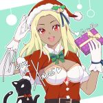  1girl :d animal belt blonde_hair bow bowtie box breasts cat cleavage dark-skinned_female dark_skin dusty_(gravity_daze) gift gift_box gloves gravity_daze green_bow green_bowtie hat holding holding_gift kitten_(gravity_daze) long_hair looking_at_viewer merry_christmas red_bow red_bowtie red_eyes santa_costume santa_hat smile upper_body white_gloves yurax-mae 