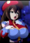  1girl armor breasts brown_hair fingerless_gloves gauntlets gloves hat iris_(mega_man) large_breasts long_hair mega_man_(series) mega_man_x_(series) pauldrons red_headwear semikichi shoulder_armor white_gloves 