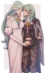  2girls armored_boots blush boots breasts byleth_(fire_emblem) byleth_(fire_emblem)_(female) cape dress eye_contact fire_emblem fire_emblem:_three_houses flower garreg_mach_monastery_uniform green_eyes green_hair hair_between_eyes hair_flower hair_ornament highres holding_hands ikarin long_hair looking_at_another medium_breasts multiple_girls pantyhose parted_lips patterned_legwear rhea_(fire_emblem) simple_background two-tone_background white_dress white_flower yuri 