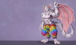  absurd_res anthro areola biped bulge claws clothed clothing dragon genital_outline hi_res horn male membrane_(anatomy) membranous_wings multi_nipple multicolored_clothing muscular muscular_anthro muscular_male nipples penis_outline pink_areola pink_nipples rainbow_clothing solo standing tochka wings 