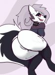  anthro big_butt bottomless butt canid canid_demon clothed clothing collar demon dima_(artist) female fur genitals grey_hair hair half-closed_eyes hellhound helluva_boss hi_res legwear looking_back loona_(helluva_boss) mammal narrowed_eyes no_underwear open_mouth presenting presenting_hindquarters pussy red_sclera shirt smile solo spiked_collar spikes stockings topwear white_body white_fur 