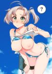  1girl ? antenna_hair bikini bikini_lift blue_bikini blush breasts clothes_lift cloud commentary_request cowboy_shot day floral_print green_eyes grey_hair hair_tie kantai_collection kinugasa_(kancolle) kusanagi_tonbo large_breasts leaning_forward lifted_by_self looking_at_viewer machinery navel nipples official_alternate_costume outdoors shirt_lift short_hair short_twintails side-tie_bikini_bottom sky solo spoken_question_mark swimsuit twintails 