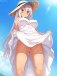  1girl artist_name bandaid bandaid_on_pussy bangs blue_sky blush breasts closed_mouth clothes_lift commentary_request cygnus_(cygnus7) day dress dress_lift hair_between_eyes hat highres large_breasts lifted_by_self long_hair no_panties original outdoors sky smile solo standing straw_hat sundress sunlight sweat tan twitter_logo twitter_username very_long_hair white_dress white_hair 