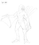  anthro feathers featureless_crotch front_view full-length_portrait hi_res leg_tuft male membrane_(anatomy) membranous_wings monochrome neck_tuft nude open_mouth portrait sketch solo species_request standing tail_feathers teeth tuft upai winged_arms wings 