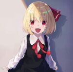  1girl :d black_skirt black_vest blonde_hair breasts collared_shirt fang hair_ribbon kitaba_utata long_sleeves looking_at_viewer medium_hair necktie pom_pom_(clothes) red_eyes red_necktie red_ribbon ribbon rumia shadow shirt skirt skirt_set small_breasts smile solo touhou upper_body vest white_shirt 