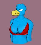  anthro avian axentooth beak big_breasts bird blue_body blue_feathers breasts cleavage clothed clothing deep_cleavage feathers female hands_behind_back heterochromia lingerie looking_aside non-mammal_breasts portrait red_clothing servia_(axentooth) shaded solo 