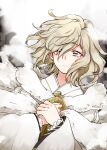  1boy bakumatsu_rock blonde_hair closed_mouth earrings feather_boa feathers frilled_sleeves frills hair_between_eyes japanese_clothes jewelry kimono looking_at_viewer male_focus medium_hair own_hands_together popoin shirt solo tokugawa_yoshinobu upper_body white_kimono white_shirt yellow_eyes 