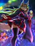  anthro beverage big_breasts bottomwear breasts canid canine clothed clothing female hi_res holding_beverage holding_object legwear mammal skirt solo thigh_highs yurai 