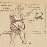  1:1 anthro clothed clothing dinosaur english_text female front_view full-length_portrait hi_res monochrome mouth_closed portrait reptile scalie simple_background solo standing teeth text unsigned upai 