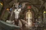  2022 anthro blacksmith canid canine clothed clothing digital_media_(artwork) emblem fox fur gloves hand_behind_own_head handwear hi_res inside jewelry looking_back male mammal markings melee_weapon necklace refegi solo sword teeth topless topless_anthro topless_male weapon 