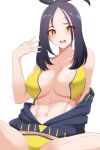  1girl abs bangs bare_shoulders bikini black_hair blush breasts cleavage collarbone dendra_(pokemon) haneramu highres large_breasts long_hair looking_at_viewer navel open_mouth parted_bangs pokemon pokemon_(game) pokemon_sv sidelocks solo swimsuit thighs toned white_background yellow_bikini yellow_eyes 