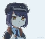  1girl alternate_costume bangs black_hair collared_shirt commentary contemporary genshin_impact hair_between_eyes hat holding holding_notepad holding_pen jacket kujou_sara long_sleeves necktie notepad parted_bangs pen police police_hat police_uniform policewoman shirt short_hair sidelocks simple_background solo symbol-only_commentary uniform xinzoruo yellow_eyes 