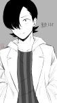  1boy black_hair choujin_x coat grey_background grey_shirt greyscale hands_in_pockets highres kurohara_tokio_(choujin_x) looking_to_the_side monochrome shirt short_hair simple_background solo striped striped_shirt tomato_(akait0mat0) white_coat 