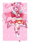  1girl 8041mm boots brooch choker cone_hair_bun cure_precious delicious_party_precure earrings full_body gloves hair_bun heart_brooch jewelry magical_girl nagomi_yui pink_choker pink_hair precure purple_eyes solo two_side_up white_footwear white_gloves 