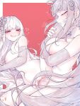  2girls blur_censor braid breast_grab breasts censored clenched_teeth closed_eyes copyright_request elbow_gloves fingerless_gloves futa_with_female futanari gloves grabbing grabbing_from_behind hair_ornament highres kupa_(jesterwii) large_breasts long_hair mole mole_on_breast mole_under_eye multiple_girls nipples nude red_background red_eyes sex simple_background single_braid teeth vaginal very_long_hair yellow_eyes 