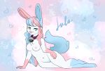  anthro areola bell bell_collar blue_hair breasts collar colorful colorful_background eeveelution female generation_6_pokemon genitals hair hi_res lying mochasox nintendo nipples nude pink_areola pink_hair pink_nipples pokemon pokemon_(species) pokemorph pussy raised_tail solo sylveon tongue tongue_out video_games white_body 