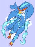  anthro avian bird bird_feet blue_body blue_eyes blue_feathers dima_(artist) eyebrows feathered_wings feathers featureless_crotch hand_behind_head head_feathers hi_res long_eyebrows male nude pose quaquaval solo tail_feathers winged_arms wings 