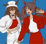  2girls alternate_costume animal_ears bangs blue_background blue_eyes breasts brown_hair bucket_hat choker crop_top ears_through_headwear hair_between_eyes hand_on_hip hat horse_ears horse_girl horse_tail jacket long_hair long_sleeves midriff mob_trainer multiple_girls nakayama_festa_(umamusume) open_clothes open_jacket open_mouth pants pink_eyes red_jacket red_nails shirt shirt_tucked_in simple_background small_breasts smile tail tosen_jordan_(umamusume) twintails umamusume v white_headwear white_jacket white_pants white_shirt 