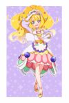  1girl 8041mm apron blonde_hair blue_eyes bridal_gauntlets brooch choker cure_finale delicious_party_precure frills full_body gloves heart_brooch high_ponytail jewelry kasai_amane magical_girl open_mouth precure smile solo white_choker white_gloves 