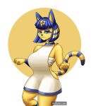  animal_crossing ankha_(animal_crossing) anthro breasts chest_wraps clothing collar domestic_cat dress egyptian eyeshadow felid feline felis female fur hi_res jewelry looking_at_viewer makeup mammal markings nintendo solo tail_markings video_games wraps yellow_body yellow_fur zachc 