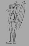  anthro brokenmojo clothed clothing crossover different_artstyle dinosaur fang_(gvh) feathered_wings feathers female goodbye_volcano_high hair long_hair long_snout looking_at_viewer monochrome pterodactylus pterosaur reptile scalie small_waist snoot_game_(fan_game) snout solo total_drama_island video_games wide_hips wings 