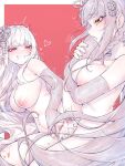  2girls blur_censor braid breast_grab breasts censored clenched_teeth copyright_request cum cum_in_pussy elbow_gloves fingerless_gloves futa_with_female futanari gloves grabbing grabbing_from_behind hair_ornament highres kupa_(jesterwii) large_breasts long_hair mole mole_on_breast mole_under_eye multiple_girls nipples nude overflow red_background red_eyes sex simple_background single_braid smile teeth very_long_hair yellow_eyes 