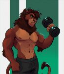  abs anthro anthrofied bottomwear brown_body brown_fur brown_hair clothed clothing disney dumbbell elbow_tuft excallior exercise felid fur green_eyes hair hi_res kovu lion male mammal mane muscular muscular_anthro muscular_male narrowed_eyes nipples pantherine partially_clothed shirtless shorts solo the_lion_king weightlifting weights workout 