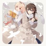  2girls absurdres ahoge binoculars black_ribbon blonde_hair blue_eyes blush book braid brown_hair closed_mouth coat hair_between_eyes hair_flaps hair_ornament hair_ribbon hairclip highres holding holding_binoculars holding_book kantai_collection long_hair long_sleeves multiple_girls open_mouth red_eyes ribbon shakemi_(sake_mgmgmg) shigure_(kancolle) shigure_kai_ni_(kancolle) single_braid smile white_coat winter_clothes yuudachi_(kancolle) yuudachi_kai_ni_(kancolle) 