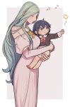  2girls aged_down blue_eyes blue_hair blush breasts bug butterfly byleth_(fire_emblem) byleth_(fire_emblem)_(female) carrying child closed_eyes closed_mouth detached_sleeves dress female_child fire_emblem fire_emblem:_three_houses green_hair hair_between_eyes highres ikarin large_breasts long_hair long_sleeves multiple_girls musical_note parted_lips pointy_ears rhea_(fire_emblem) simple_background two-tone_background very_long_hair 