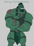  barazoku bottomwear clothing green_body green_skin hi_res himbo humanoid loincloth male muscular orc orcus_challenge rickleone 