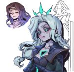  1boy 1girl bangs black_jacket black_sclera black_shirt blush breasts chair cleavage closed_eyes closed_mouth collarbone colored_sclera crown from_side genderswap genderswap_(ftm) genderswap_(mtf) green_eyes grey_hair hole_in_chest hole_on_body isolde_(league_of_legends) jacket large_breasts league_of_legends open_clothes open_jacket phantom_ix_row shiny shiny_hair shirt sitting viego_(league_of_legends) 