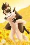  anthro canid canine canis carrying field fields flower fox fur hi_res light mammal outside piggyback plant relationship summer sunflower white_body white_fur wolf 