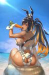  1girl animal_ears ass bangs beach black_hair blue_sky blush breasts carrot dark-skinned_female dark_skin day fake_animal_ears fishnet_thighhighs fishnets from_behind gloves hat highres large_breasts long_hair looking_at_viewer looking_back mini_hat mini_top_hat multicolored_hair nishii_(damnedrive) open_mouth orange_hair original outdoors ponytail rabbit_ears red_eyes revealing_clothes sexually_suggestive shiny shiny_skin sitting sky solo sunlight thighhighs tongue tongue_out top_hat two-tone_hair white_gloves wrist_cuffs 