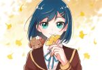  blue_eyes blue_hair closed_eyes collar commentary delicious_party_precure fuwa_kokone ginkgo ginkgo_leaf hair_ornament hairclip highres holding holding_leaf leaf pam-pam_(precure) precure school_uniform short_hair smile yuge_(tayugenari) 