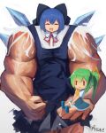  2girls absurdres alternate_body_size alternate_muscle_size artist_name ascot bangs biceps blue_dress blue_hair cirno cirno_day collared_shirt daiyousei dress fairy_wings flexing gradient gradient_background green_hair highres ice ice_wings multiple_girls muscular muscular_female neck_ribbon nyztsune pinafore_dress red_ribbon ribbon shirt short_hair side_ponytail sitting_on_hand small_head torn_clothes touhou white_background white_shirt wings yellow_ascot 