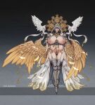  1girl absurdres angel_wings armor armored_boots armored_gloves armored_shoes ball_gag bare_shoulders blindfold boots breasts chinese_commentary dungeon_and_fighter gag highres huge_breasts inverted_nipples jewelry l_axe lactation large_breasts large_wings long_hair navel nipple_piercing nipples piercing pregnant pubic_tattoo religion simple_background solo standing tattoo thighhighs thighs wide_hips wings 