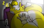  anthro anus armor bandai_namco bed butt clothing digimon digimon_(species) disembodied_hand drcustom female fur furniture gauntlets genitals gloves hand_on_butt handwear lying lying_on_bed on_bed pussy renamon simple_background sleeping solo spread_butt spreading text yellow_body yellow_fur 
