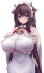  1girl absurdres animal_ears azur_lane bangs bare_shoulders blush breasts brown_hair embarrassed hair_ornament hands_on_own_chest highres huge_breasts kashino_(azur_lane) kashino_(maid_for_mayhem)_(azur_lane) long_hair looking_at_viewer official_alternate_costume purple_eyes solo standing white_background yuuki_shuri 