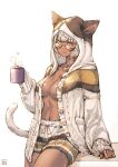  1girl absurdres animal_ears animal_hood bangs breasts cat_ears cat_girl cat_tail cup dark-skinned_female dark_skin facial_mark final_fantasy final_fantasy_xiv glasses grey_eyes highres hjz_(artemi) holding holding_cup hood hood_up hooded_jacket jacket medium_breasts miqo&#039;te neck_tattoo no_bra open_clothes open_jacket semi-rimless_eyewear short_hair shorts solo tail tattoo under-rim_eyewear whisker_markings white_hair y&#039;shtola_rhul 