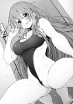  1girl barefoot blush breasts cleavage competition_swimsuit door female_pubic_hair greyscale hair_between_eyes hand_up highres idolmaster idolmaster_shiny_colors large_breasts long_hair looking_at_viewer monochrome one-piece_swimsuit open_mouth osaki_tenka pubic_hair pussy_juice shirokuma_(nankyoku) smile solo squatting swimsuit toes v wet 