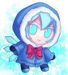  1girl blue_eyes blue_hair blue_hood bow bowtie chibi cirno coat full_body fumo_(doll) highres hood ice ice_wings red_bow red_bowtie signature skullchimes smile snowflake_background solo touhou wings winter_clothes winter_coat 