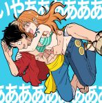  1boy 1girl bare_shoulders bikini bikini_top_only black_hair blue_pants blue_shorts breasts carrying carrying_person chiya_op cross_scar earrings falling green_bikini hand_up highres jewelry jumping large_breasts long_hair monkey_d._luffy nami_(one_piece) one_piece open_clothes open_mouth orange_eyes orange_hair pants pearl_earrings red_shirt sandals sash scar scar_on_cheek scar_on_chest scar_on_face scared shirt shorts shoulder_tattoo swimsuit tattoo tears yellow_sash 