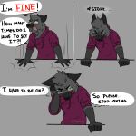  absurd_res angry anthro bodily_fluids canid canine canis clothing crying dialogue english_text eyewear fur glasses grey_body grey_fur hi_res hoodie male mammal open_mouth solo tears text topwear wolf yellow_eyes zingazary_(artist) 