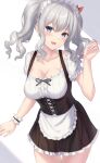  1girl :d alternate_costume apron bangs black_skirt blouse blue_eyes blush bodice breasts cleavage collarbone cowboy_shot dirndl dress enmaided frilled_apron frills german_clothes grey_hair hand_up highres kantai_collection kashima_(kancolle) large_breasts leaning_forward long_hair looking_at_viewer maid maid_apron maid_headdress monoku open_mouth puffy_short_sleeves puffy_sleeves shirt short_dress short_sleeves sidelocks simple_background single_wrist_cuff skirt smile solo standing twintails underbust waist_apron waitress wavy_hair white_apron white_shirt wrist_cuffs 