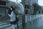  1girl animal_ears bag black_hair black_skirt blue_sailor_collar building car cat cat_ears cat_girl cat_tail cloud cloudy_sky ground_vehicle holding holding_umbrella motor_vehicle original outdoors pleated_skirt railing rain road sailor_collar sakiika0513 scenery school_bag school_uniform short_hair shoulder_bag sidelocks skirt sky solo standing tail transparent transparent_umbrella umbrella wet 