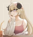  ahoge animal_ears armpit_crease bare_shoulders bespectacled blonde_hair braid breasts bright_pupils camisole cardigan coaster collarbone cup curled_horns drink drinking_glass drinking_straw elbow_on_table frown glasses hair_ornament hairclip half_updo hand_on_own_chin highres hololive horns large_breasts long_hair looking_to_the_side m_r_b purple_eyes red_camisole sheep_ears sheep_girl sheep_horns simple_background tsunomaki_watame very_long_hair virtual_youtuber white_cardigan white_pupils 