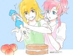  2girls apron artist_name blonde_hair blue_background blue_eyes brown_eyes cagalli_yula_athha cake clenched_teeth decorating food green_apron gundam gundam_seed hair_ornament hairclip hand_on_another&#039;s_shoulder icing lacus_clyne long_hair medium_hair multiple_girls nito_minatsuki parted_lips pink_apron pink_hair ponytail shirt sidelocks sleeves_rolled_up struggling sweatdrop teeth upper_body white_shirt wide-eyed 