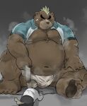  2022 anthro ashigara asian_clothing belly big_belly bodily_fluids canid canine clothing duo east_asian_clothing feet hi_res humanoid_hands iwbsb_kuma japanese_clothing kemono lifewonders male mammal mawashi moobs musk navel nipples overweight overweight_male sitting size_difference sweat tokyo_afterschool_summoners ursid video_games 