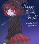  1girl :d bangs black_jacket black_pantyhose brown_eyes character_name cowboy_shot danganronpa_(series) danganronpa_v3:_killing_harmony dated emuemu310 from_behind hair_ornament happy_birthday hat highres jacket medium_hair miniskirt pantyhose red_hair red_skirt short_hair skirt smile solo starry_background teeth upper_teeth witch_hat yumeno_himiko 